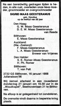 Overlijdensbericht S. (Sigrid) MG-Hondius (1988)